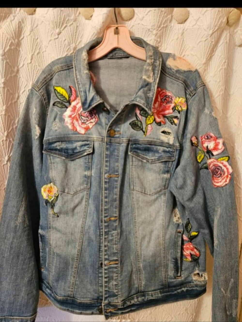 Embroidered Light Blue Denim Jacket with Rose Appliqués